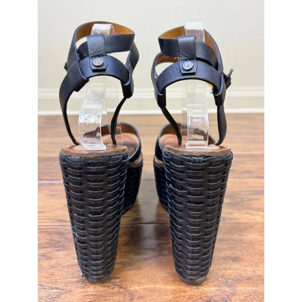 RALPH LAUREN COLLECTION Black/Brown Rattan Ankle Strap Platform Wedges, Sz 8.5B